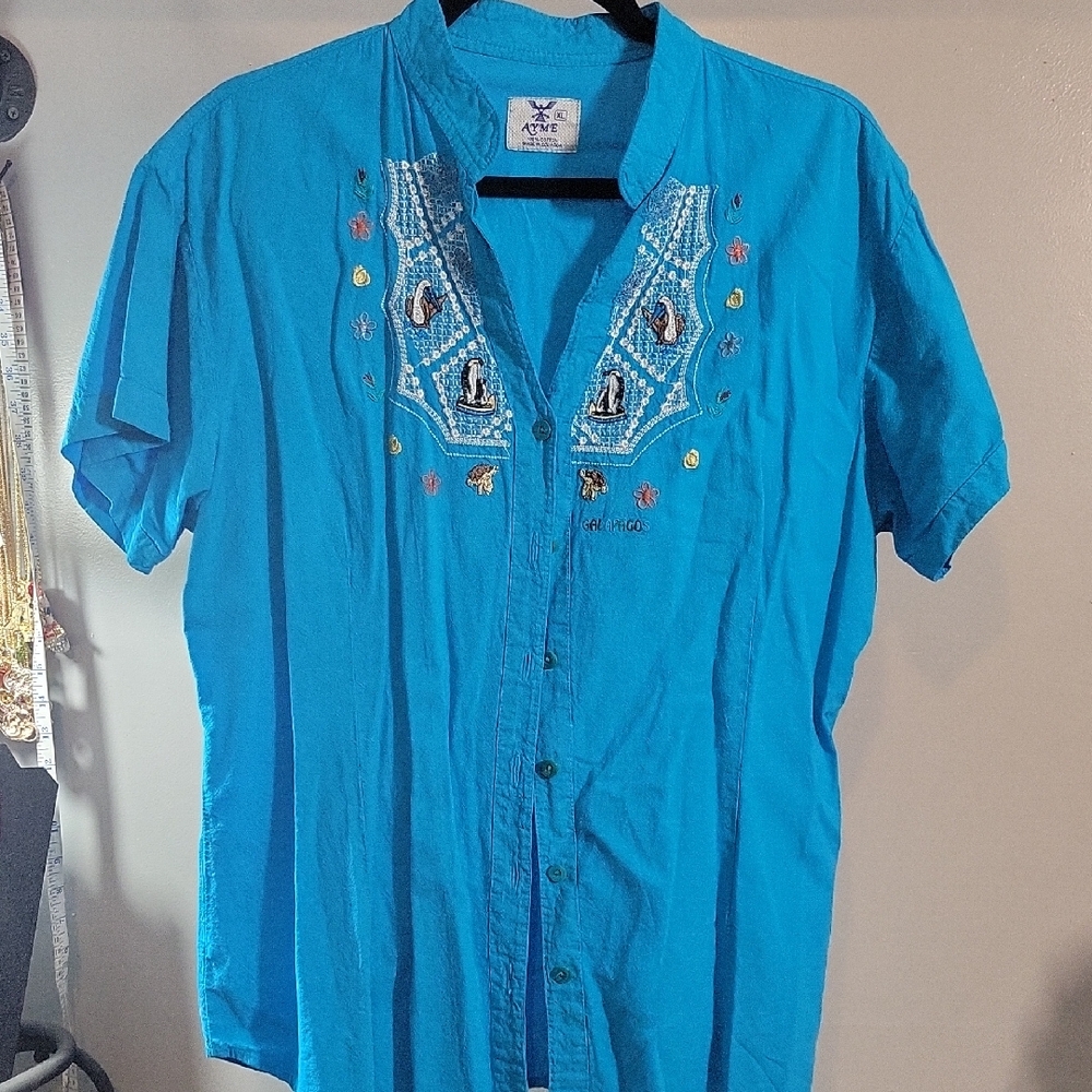 Blue Button Down Shirt with Embroidered Collar From Galapagos Islands